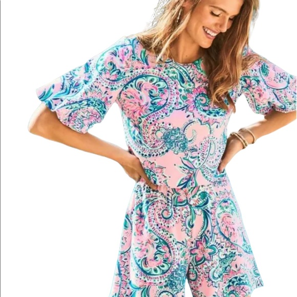 Lilly Pulitzer Britton Romper Pink Tropics Tint Tangerine Dream - Picture 8 of 11